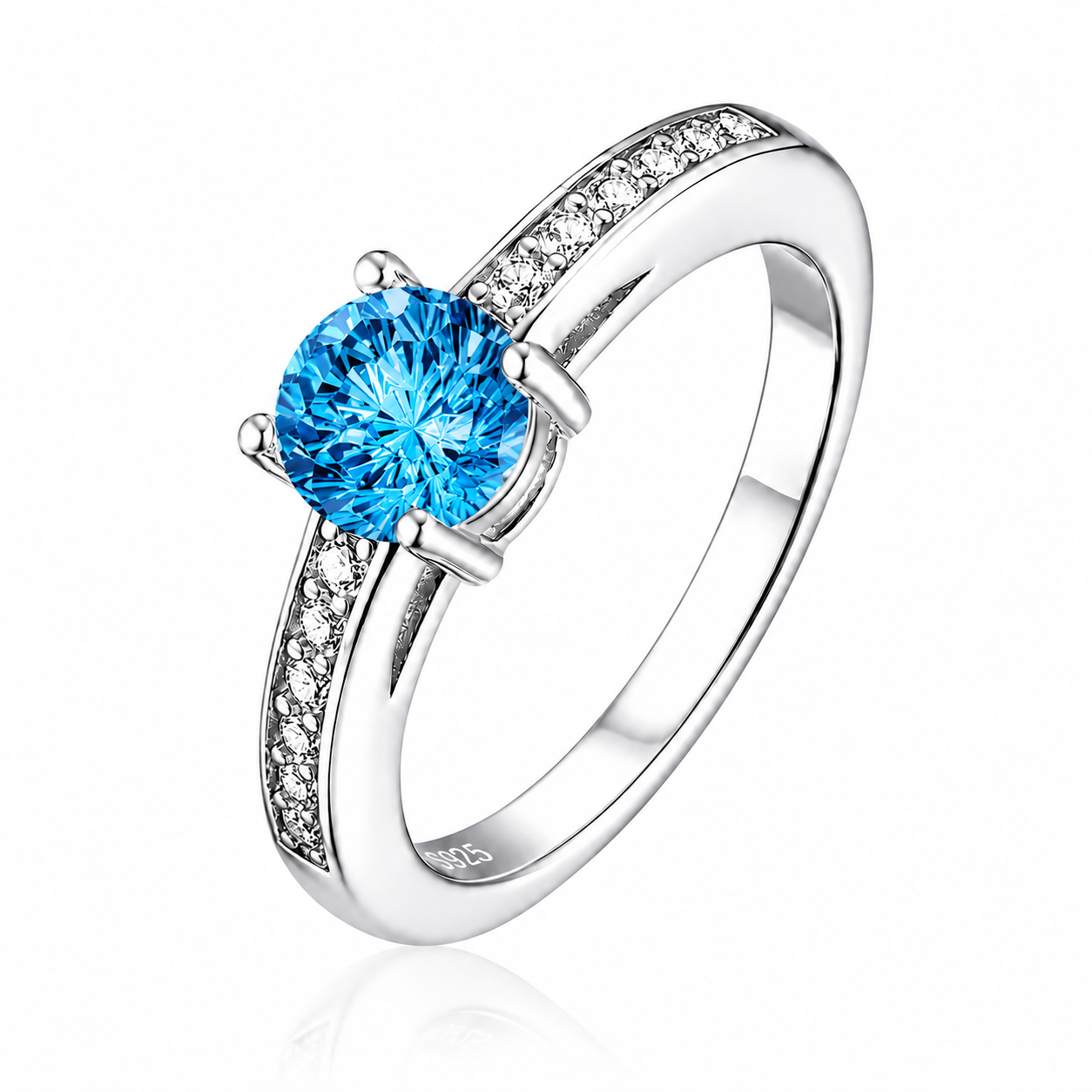925 Sterling Silver Round Cut Multi-Color Zircon Solitaire Ring, Paved Side Stone Promise Engagement Ring for Women