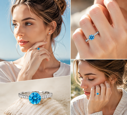 925 Sterling Silver Round Cut Multi-Color Zircon Solitaire Ring, Paved Side Stone Promise Engagement Ring for Women