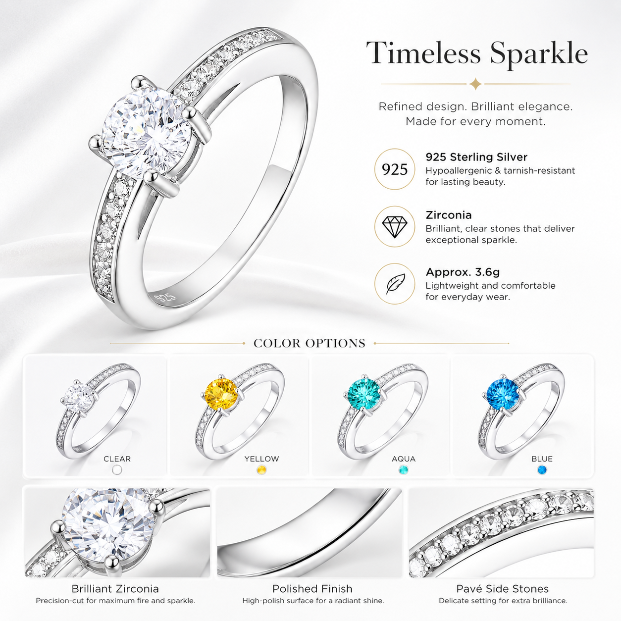 925 Sterling Silver Round Cut Multi-Color Zircon Solitaire Ring, Paved Side Stone Promise Engagement Ring for Women