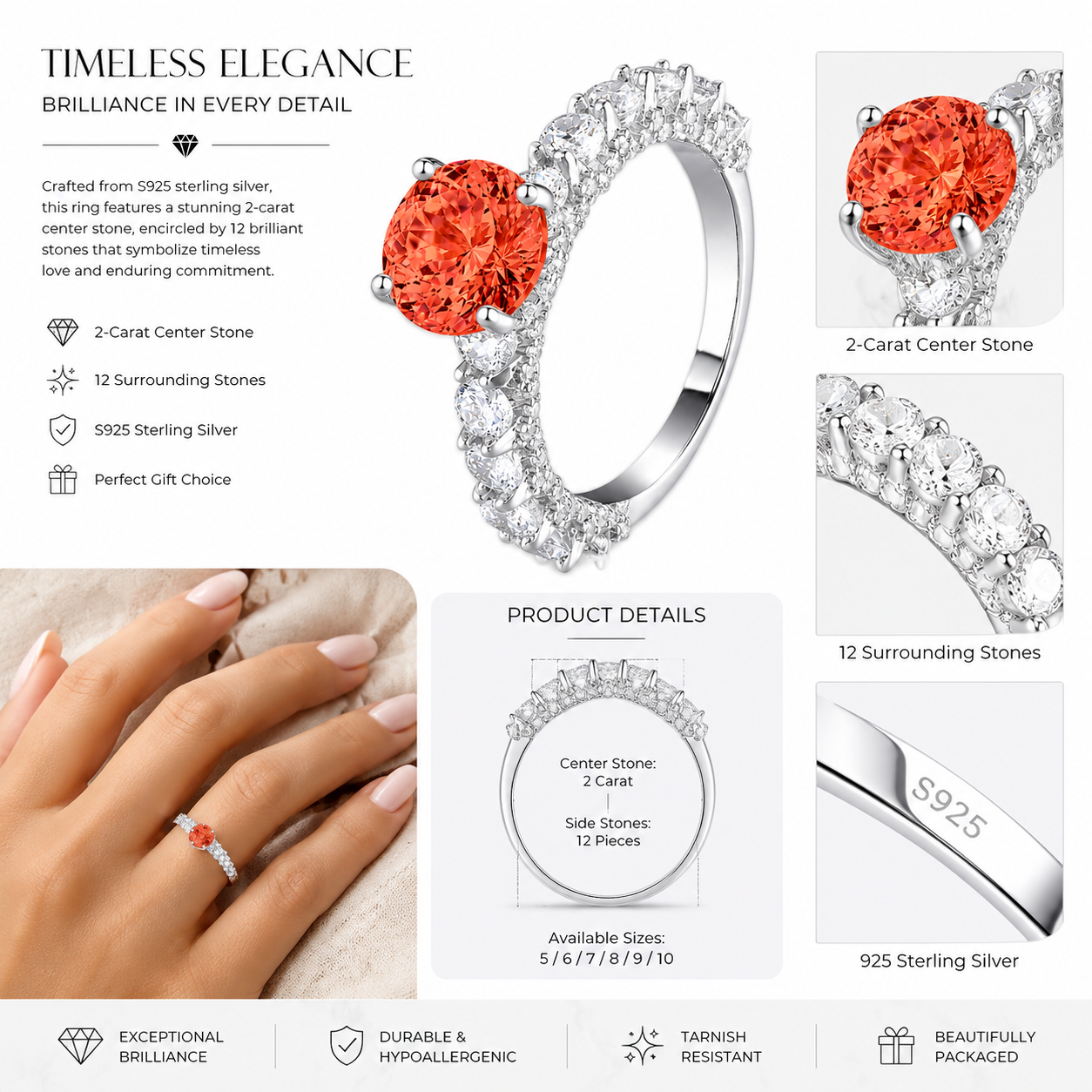 925 Sterling Silver 2 Carat Round Zircon Engagement Ring, Full Paved Eternity Band Promise Wedding Ring for Women