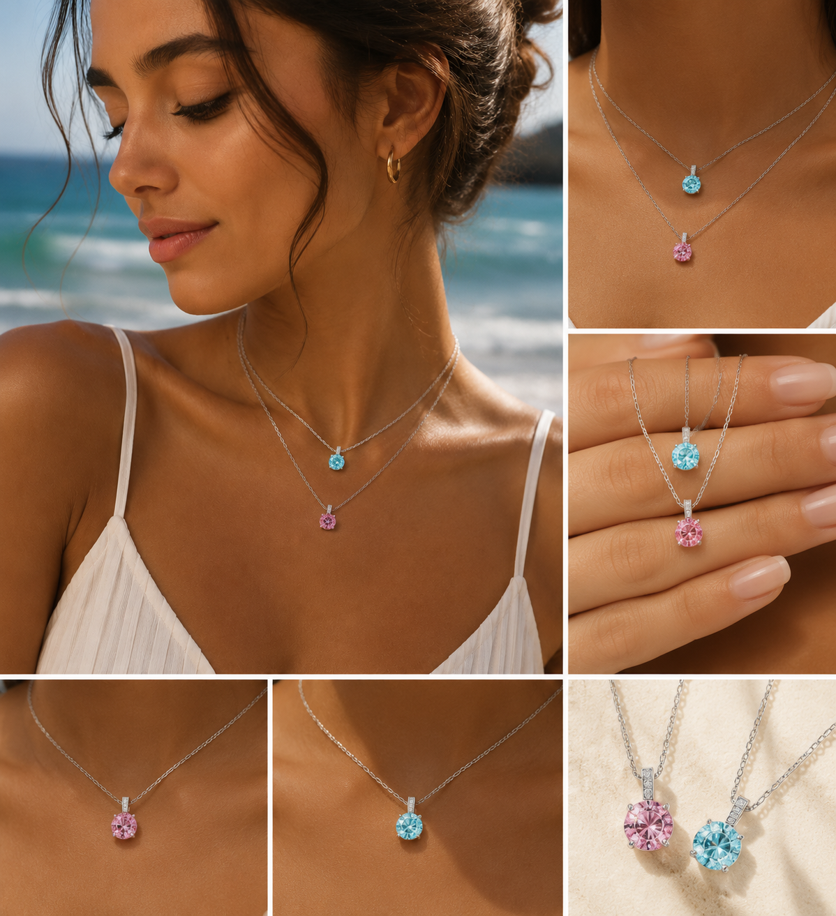 925 Sterling Silver Round Cut Multi-Color Zircon Pendant Necklace, 4 Prong Solitaire Colorful CZ Dainty Chain Necklace for Women