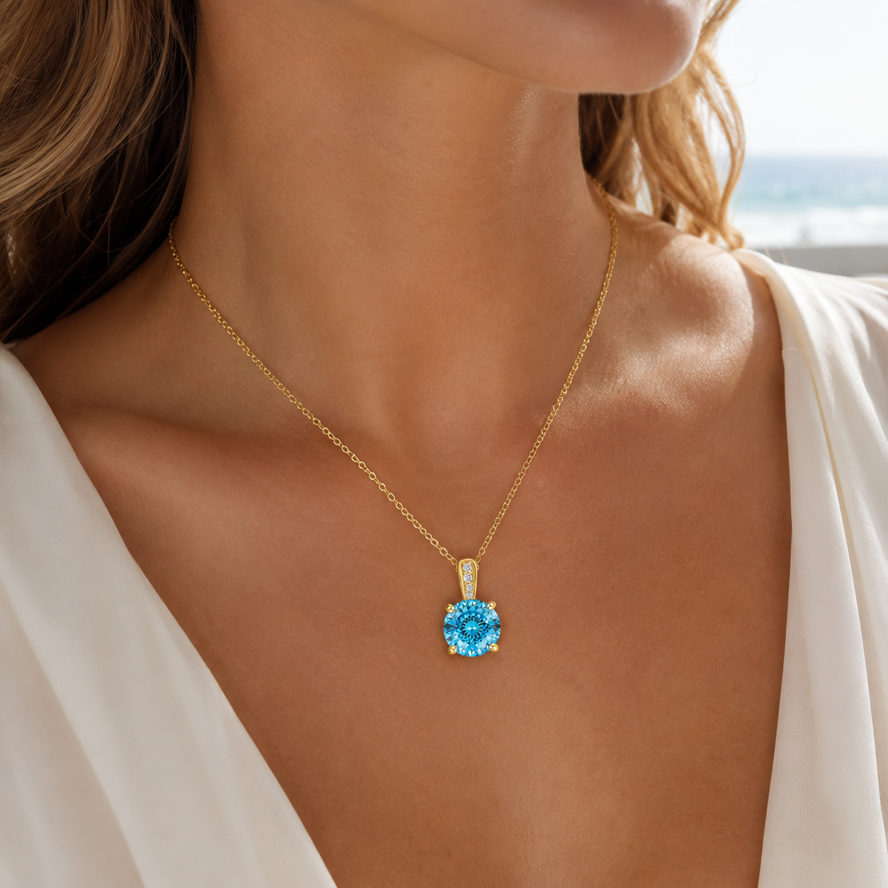925 Sterling Silver Round Cut Multi-Color Zircon Pendant Necklace, 4 Prong Solitaire Colorful CZ Dainty Chain Necklace for Women