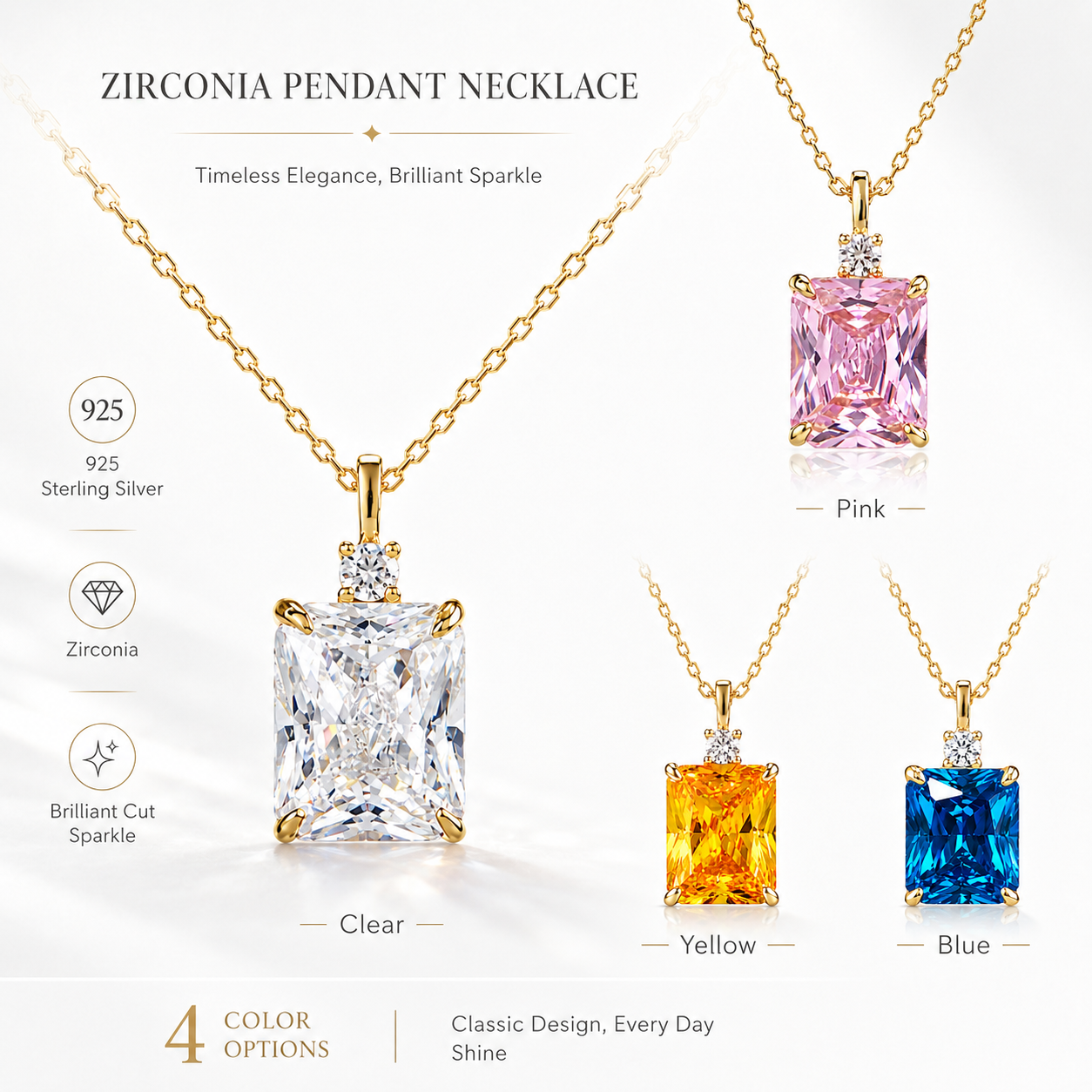 925 Sterling Silver Emerald-Cut Zirconia Pendant Necklace – Clear, Pink, Yellow & Blue Options