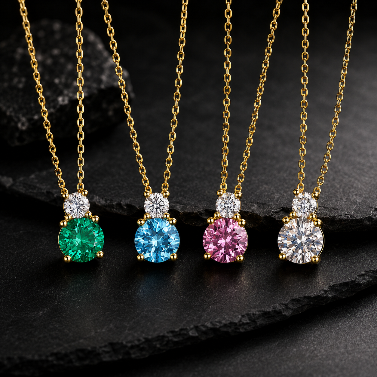 Luxury 925 Silver Double Stone Pendant Necklace with Sparkling Zirconia Gemstones