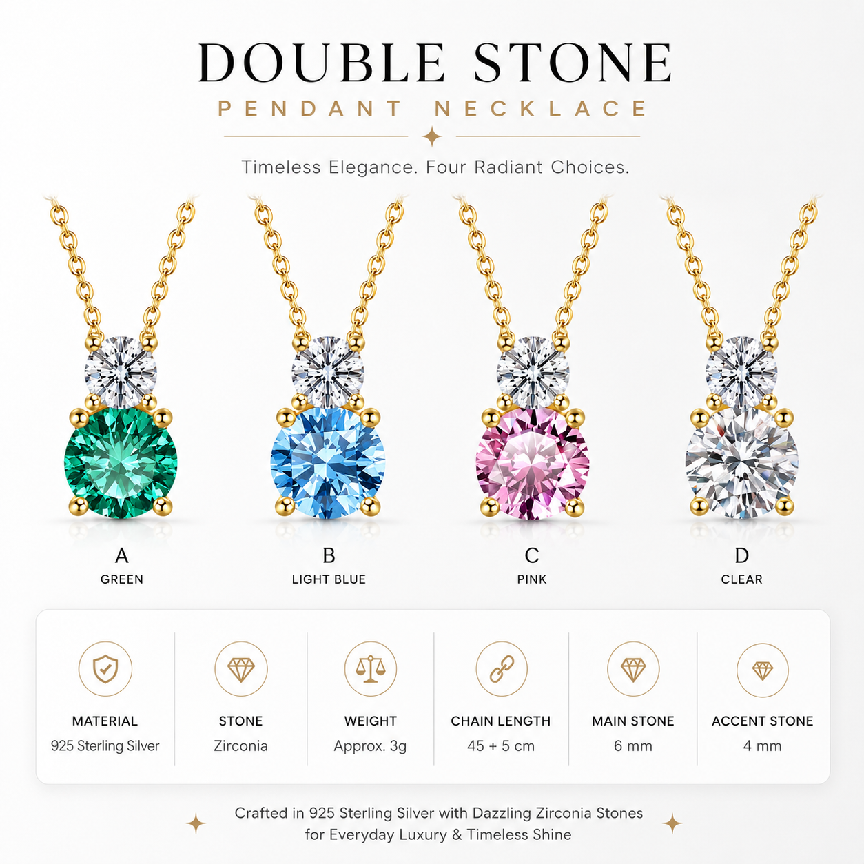 Luxury 925 Silver Double Stone Pendant Necklace with Sparkling Zirconia Gemstones