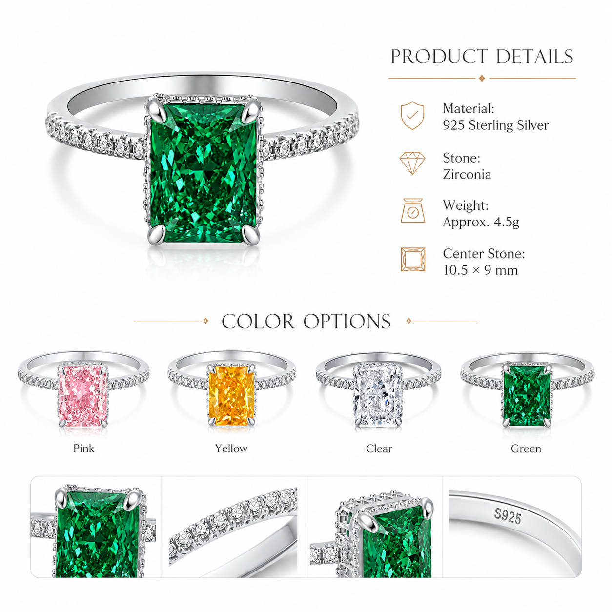 Luxury 925 Silver Square Cut Zirconia Ring with Colorful Gemstone | Elegant Women’s Statement Ring