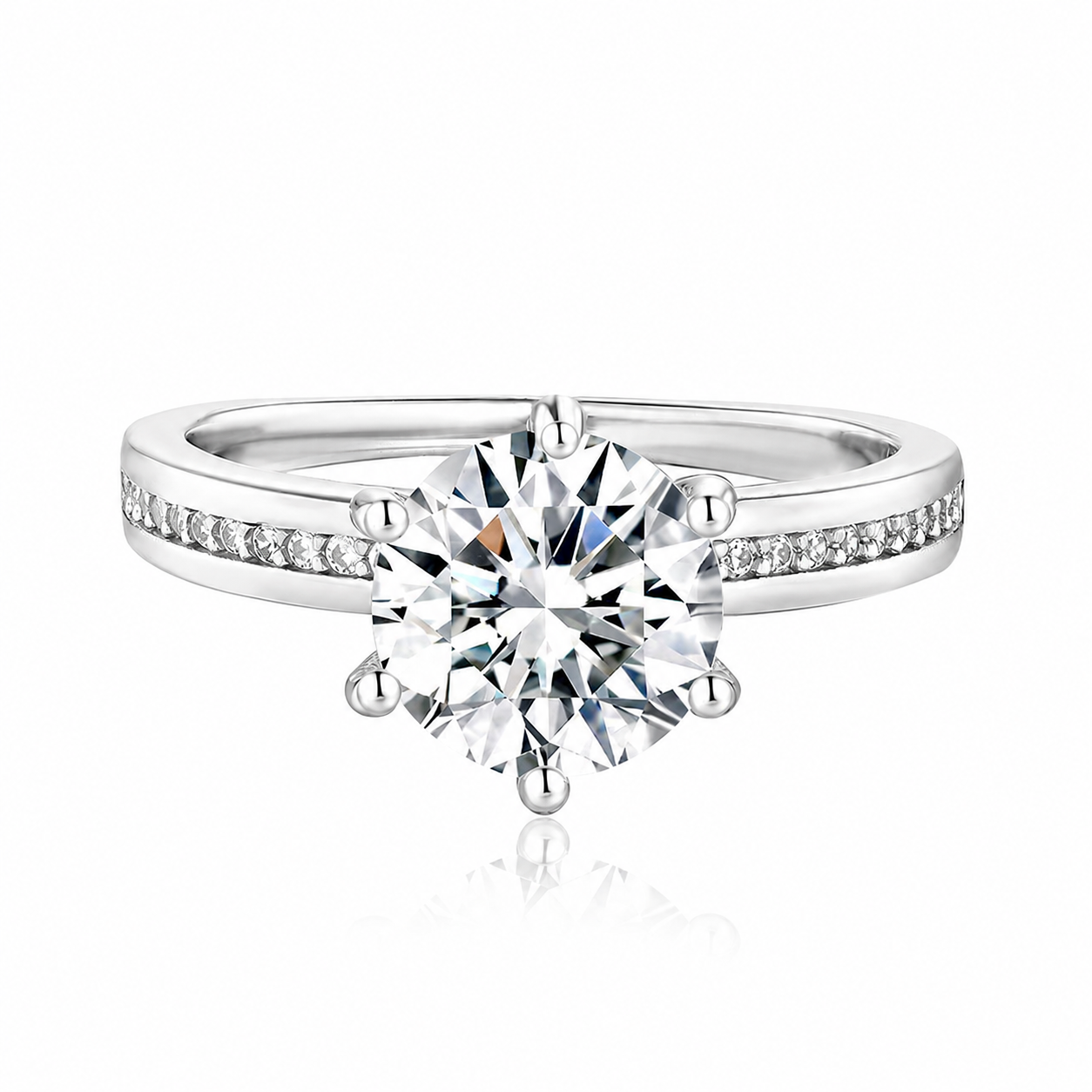 6 Prong 3CT Round Brilliant Cubic Zirconia Engagement Ring Stainless Steel Pave Accent Band Women Wedding Promise Ring