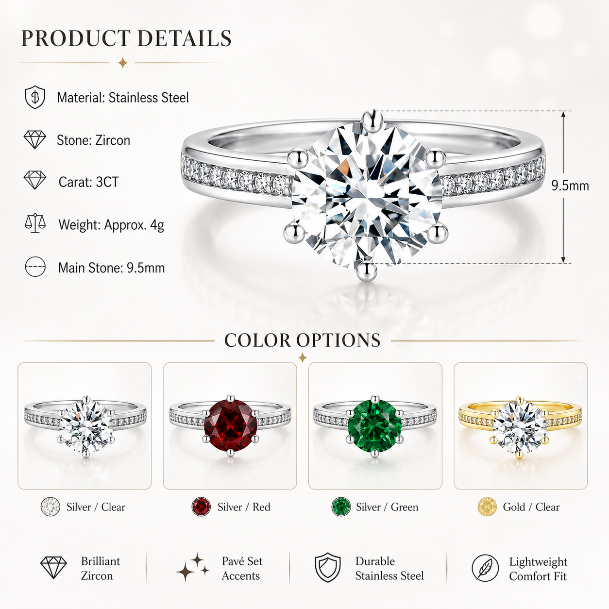 6 Prong 3CT Round Brilliant Cubic Zirconia Engagement Ring Stainless Steel Pave Accent Band Women Wedding Promise Ring