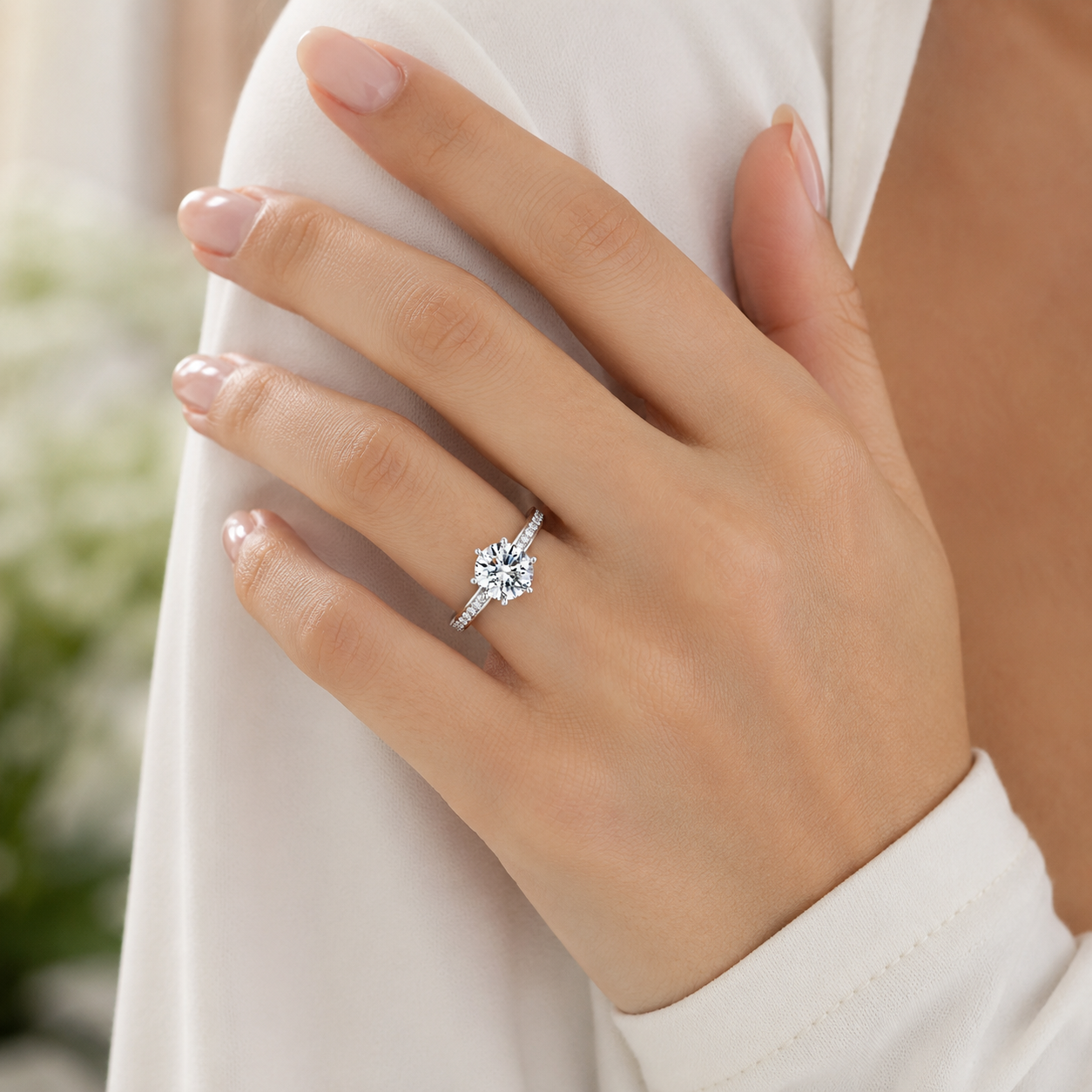 6 Prong 3CT Round Brilliant Cubic Zirconia Engagement Ring Stainless Steel Pave Accent Band Women Wedding Promise Ring