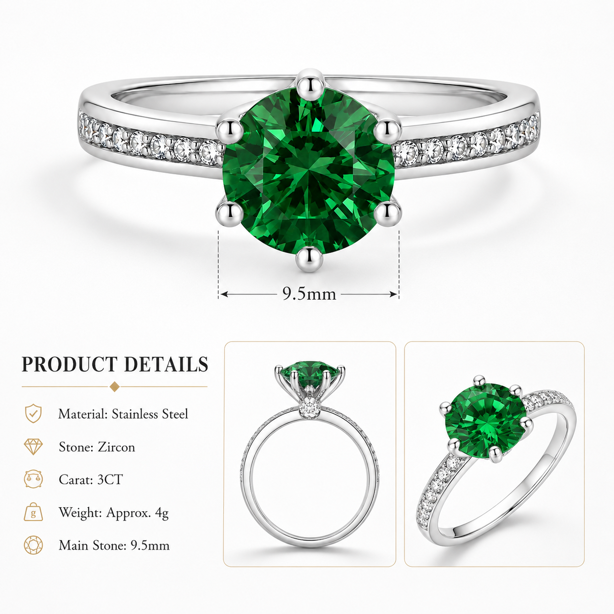 6 Prong 3CT Round Brilliant Cubic Zirconia Engagement Ring Stainless Steel Pave Accent Band Women Wedding Promise Ring