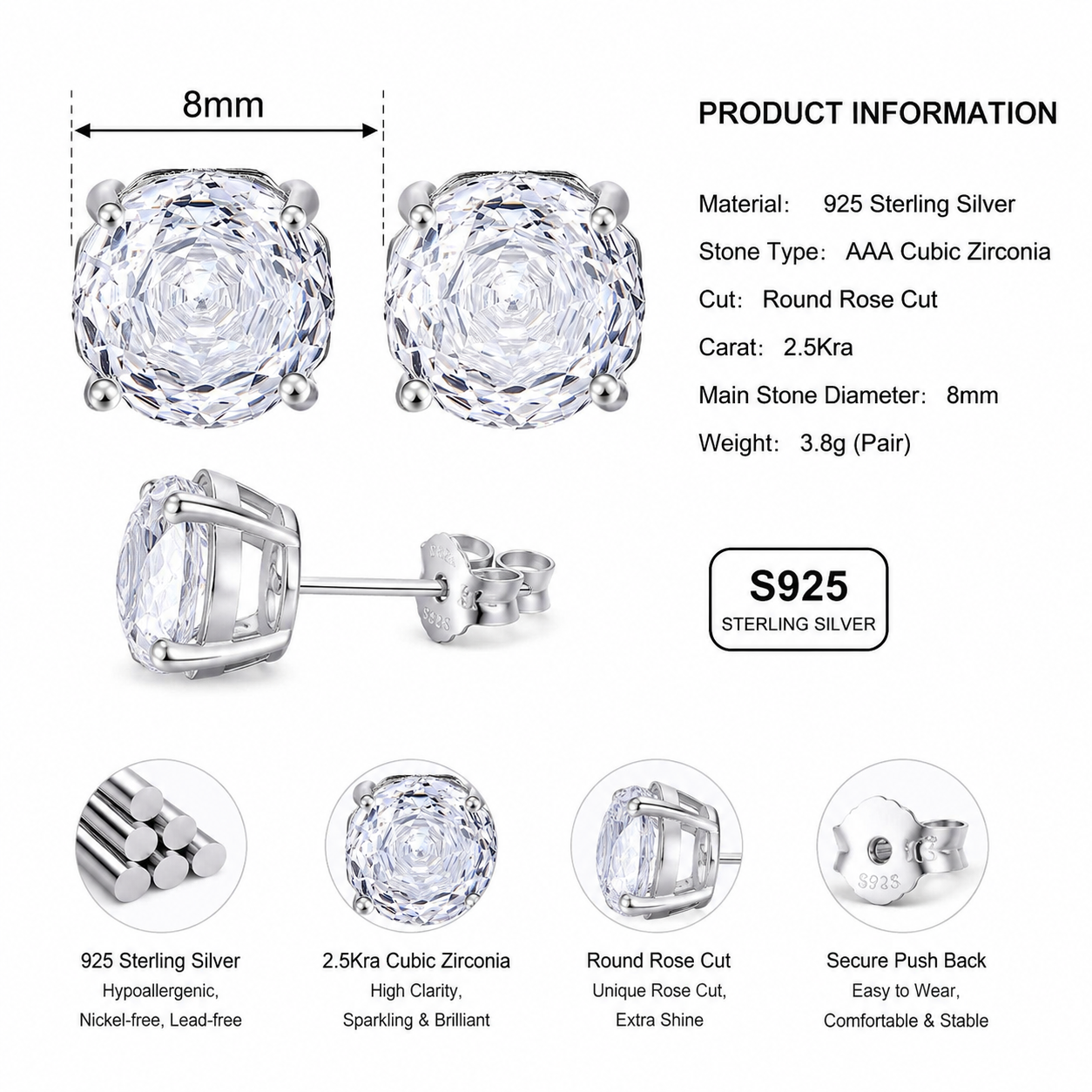 2.5CT Rose Cut Cubic Zirconia Stud Earrings 925 Sterling Silver  Four Prong Solitaire CZ Earrings For Women  Jewelry Gift