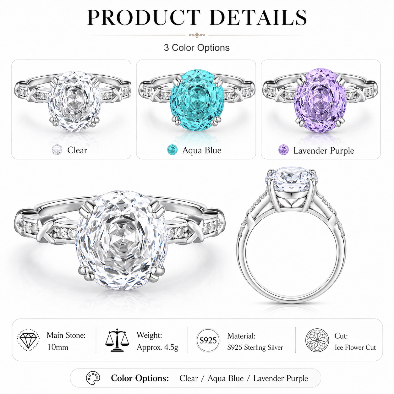 Rose Cut S925 Sterling Silver Statement Ring for Women Cubic Zirconia Dainty Jewelry Gift For Women