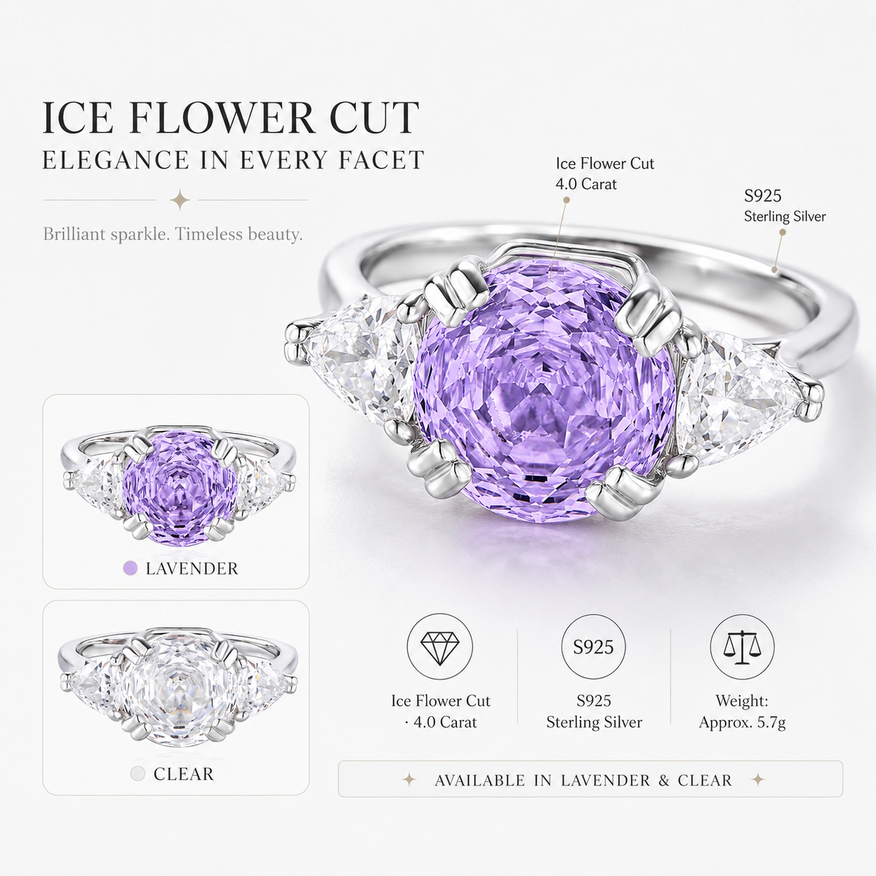 4.0 Carat Lavender Ice Flower Cut Ring for Women – S925 Sterling Silver Statement Ring