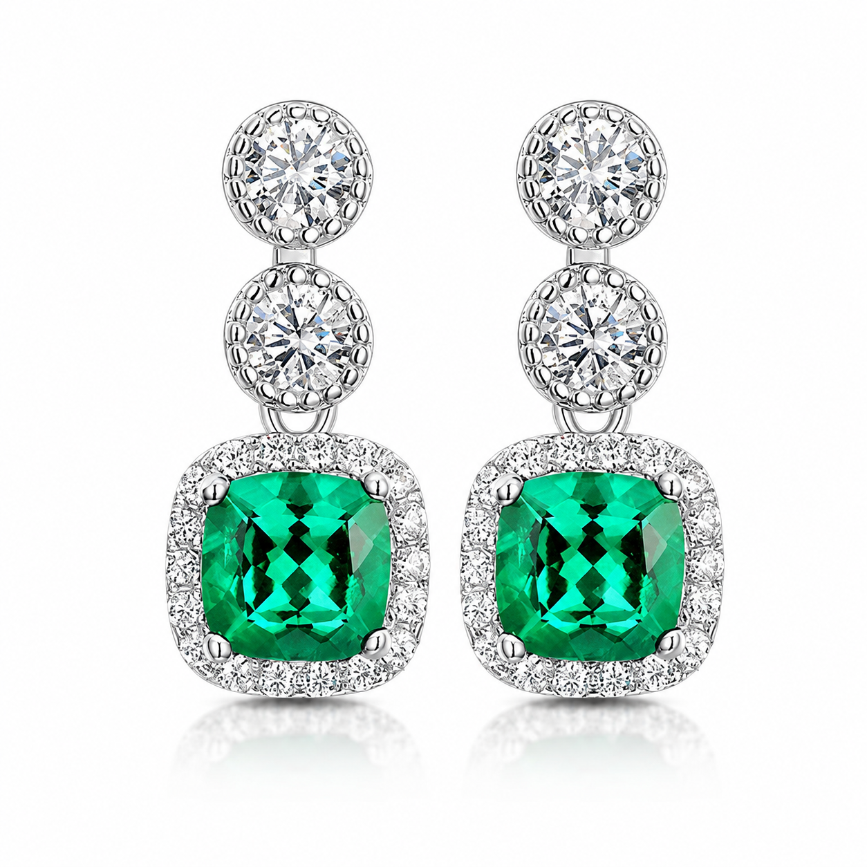 Luxury Cushion Cut CZ Drop Earrings 18K Gold Plated Sterling Silver Halo Jewelry