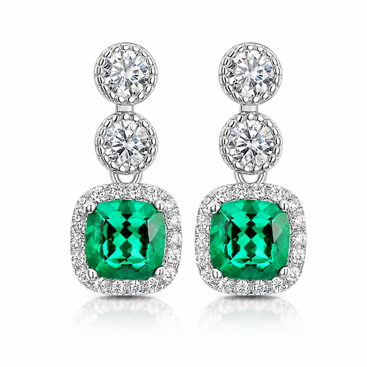 Luxury Cushion Cut CZ Drop Earrings 18K Gold Plated Sterling Silver Halo Jewelry