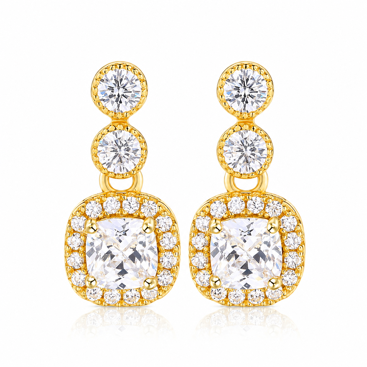 Luxury Cushion Cut CZ Drop Earrings 18K Gold Plated Sterling Silver Halo Jewelry