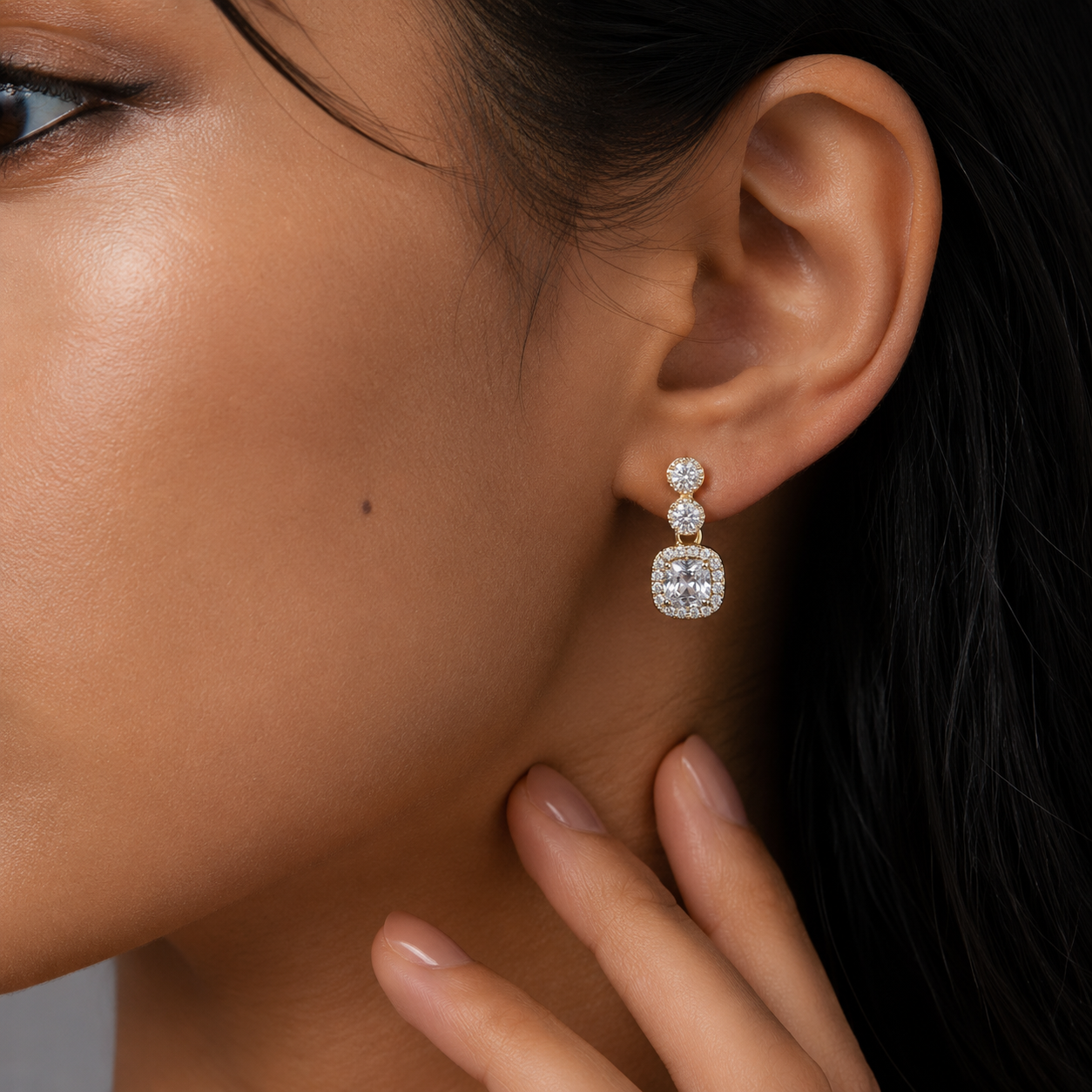 Luxury Cushion Cut CZ Drop Earrings 18K Gold Plated Sterling Silver Halo Jewelry
