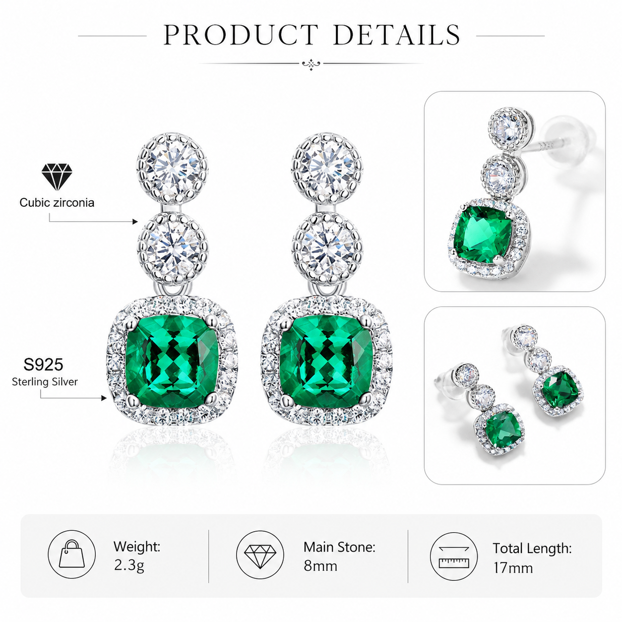 Luxury Cushion Cut CZ Drop Earrings 18K Gold Plated Sterling Silver Halo Jewelry