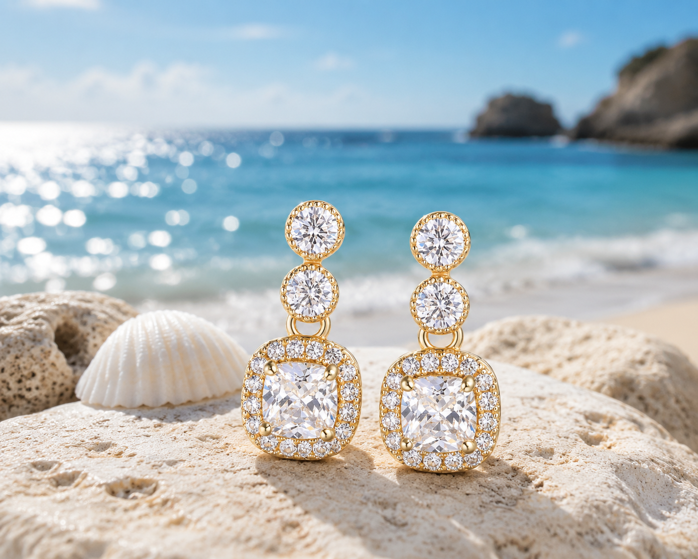 Luxury Cushion Cut CZ Drop Earrings 18K Gold Plated Sterling Silver Halo Jewelry