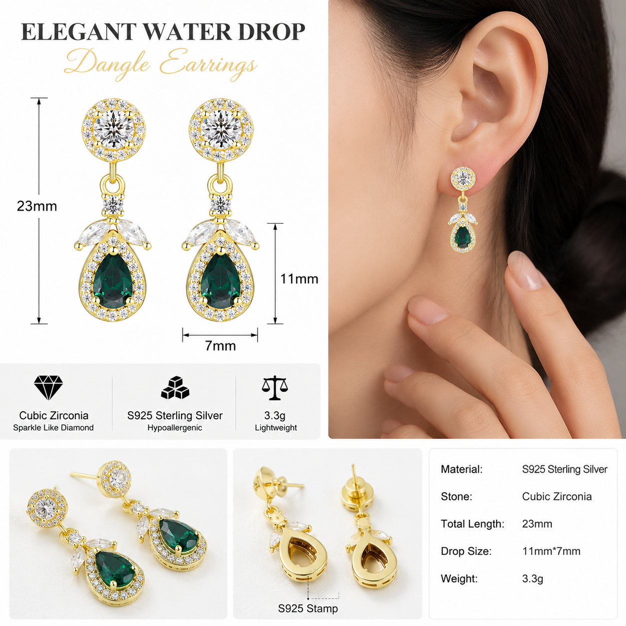S925 Sterling Silver Teardrop CZ Drop Earrings – Elegant Sparkling Dangle Earrings for Women