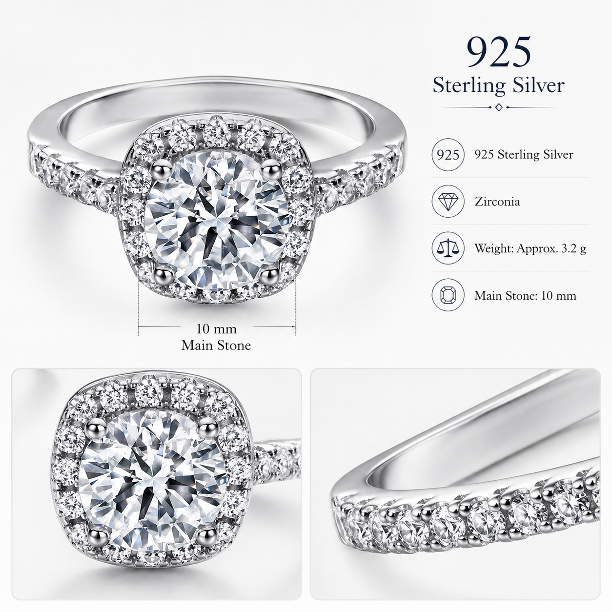 925 Sterling Silver Halo Zirconia Ring – Elegant Engagement Promise Ring