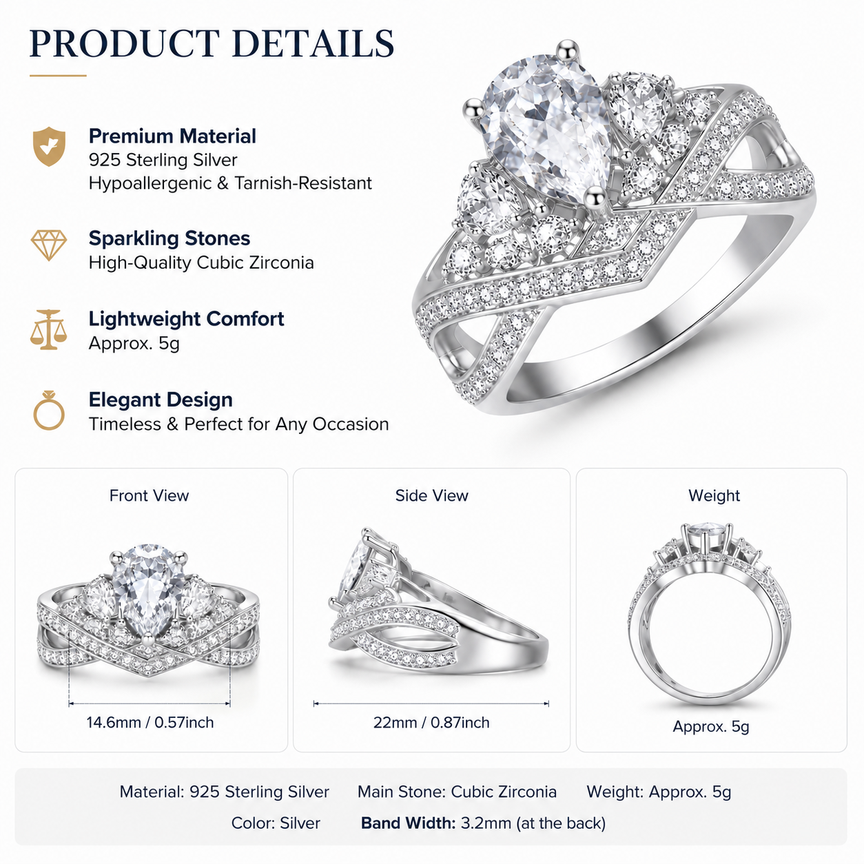 2 Carat Teardrop Zirconia Halo Ring 925 Sterling Silver Engagement Ring for Women