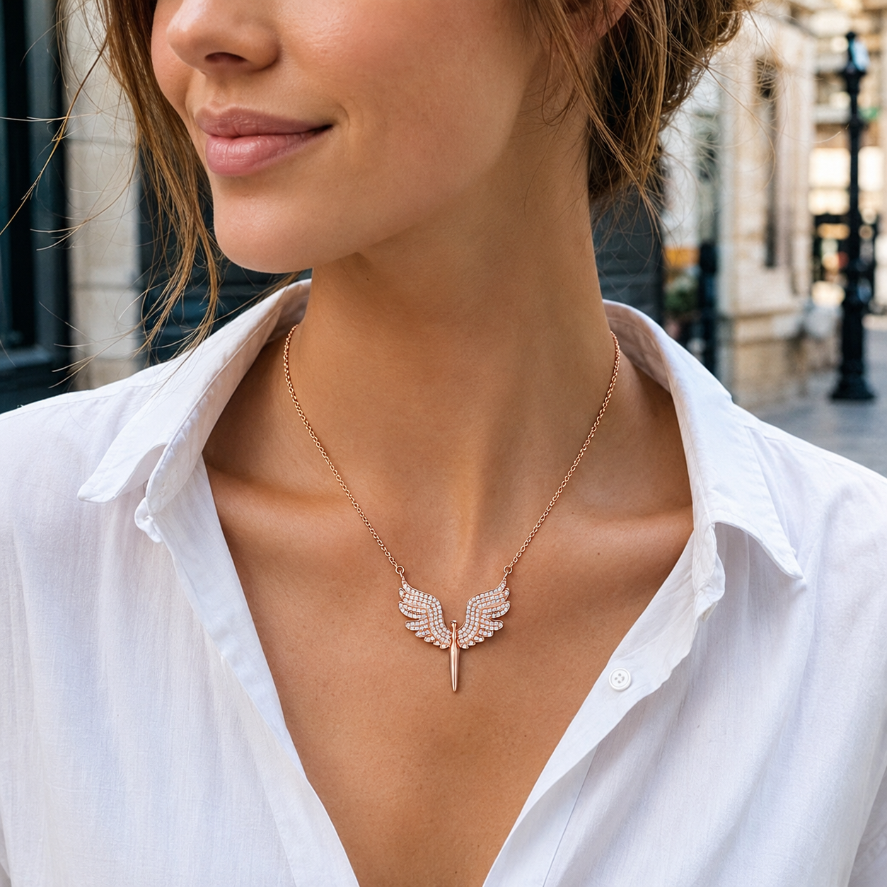 925 Silver Angel Wing Dagger Necklace Elegant Zirconia Dagger Pendant Jewelry