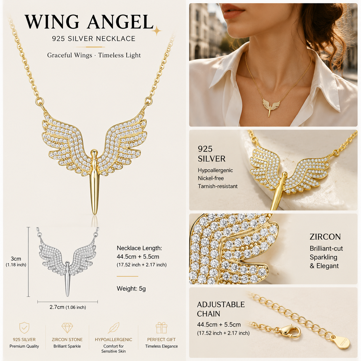 925 Silver Angel Wing Dagger Necklace Elegant Zirconia Dagger Pendant Jewelry