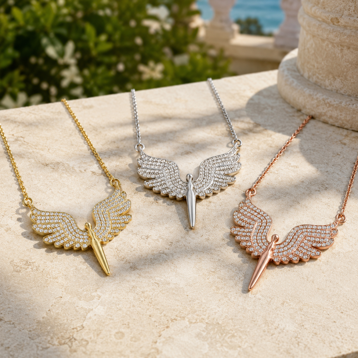 925 Silver Angel Wing Dagger Necklace Elegant Zirconia Dagger Pendant Jewelry