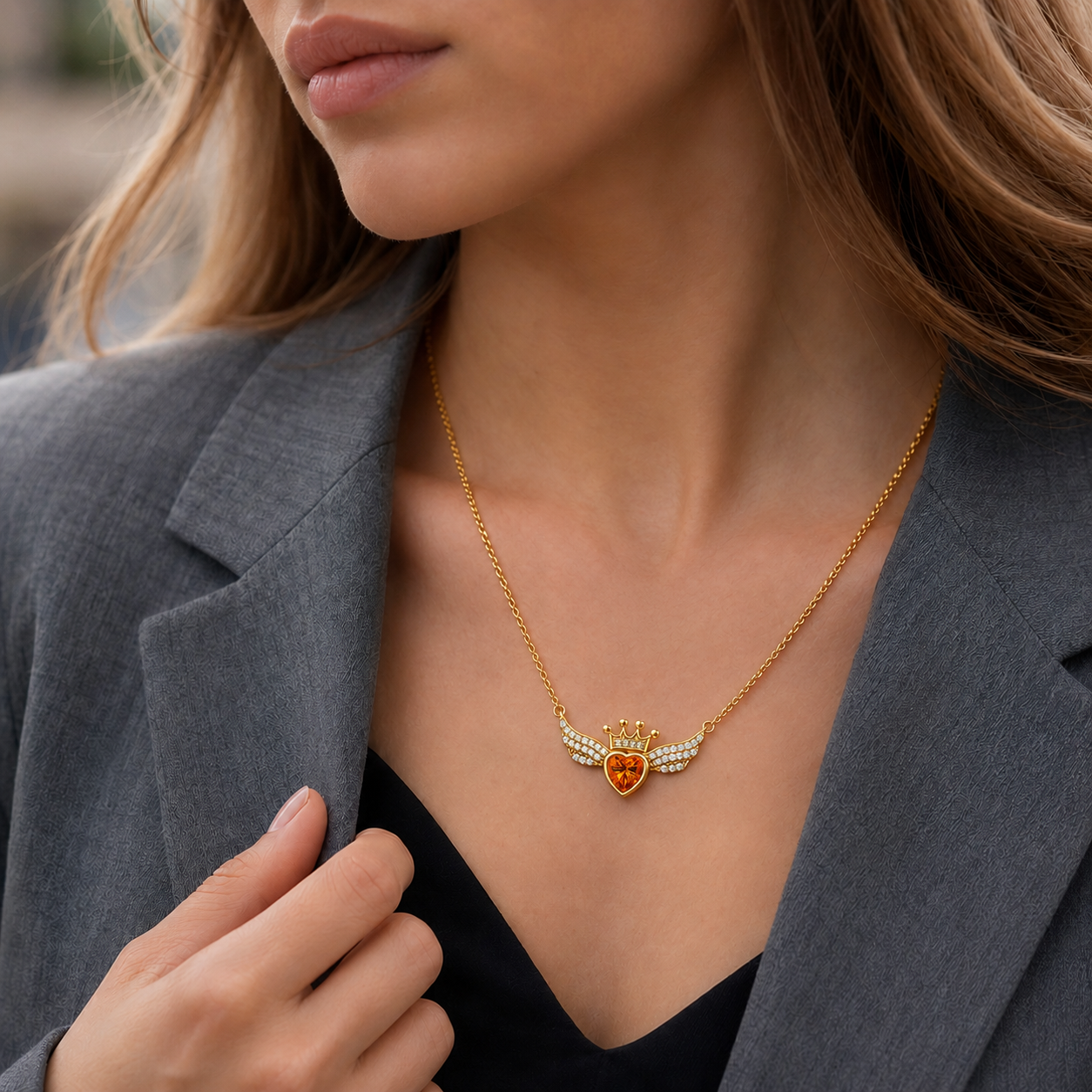 Crown Wing Heart Pendant Necklace for Women – 925 Sterling Silver Cubic Zirconia Angel Wing Necklace