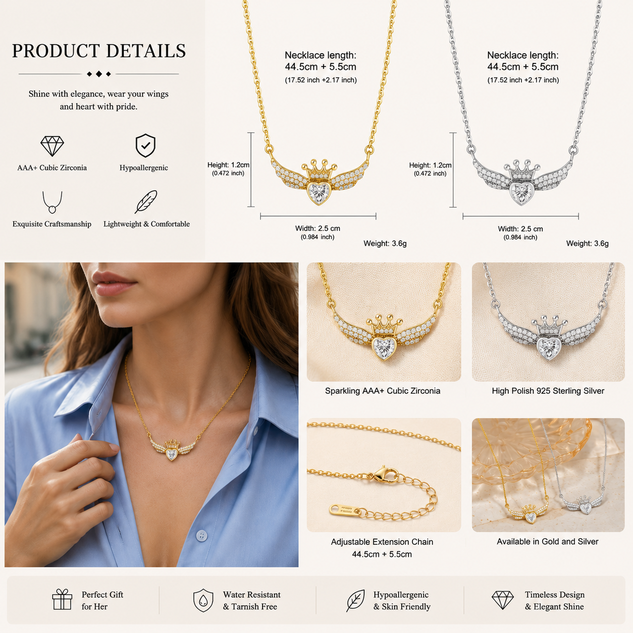 Crown Wing Heart Pendant Necklace for Women – 925 Sterling Silver Cubic Zirconia Angel Wing Necklace