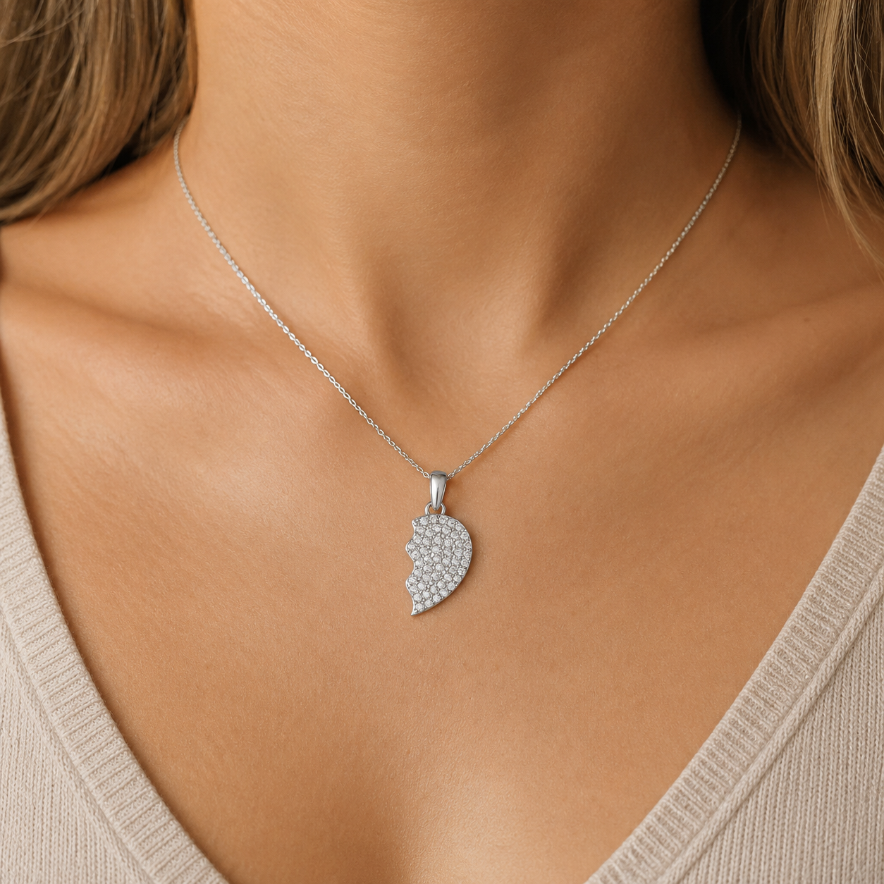 925 Sterling Silver Split Heart Necklace with Cubic Zirconia – 2 Ways To Wear, Detachable Heart Pendant