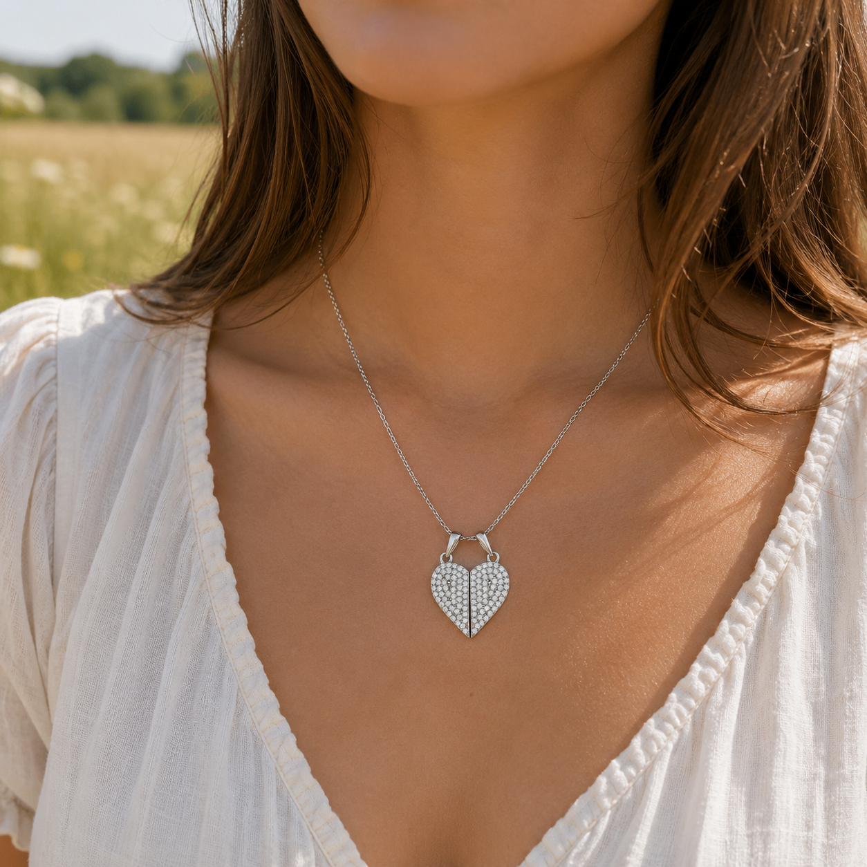 925 Sterling Silver Cubic Zirconia Split Heart Pendant Necklace – 2 Ways to Wear