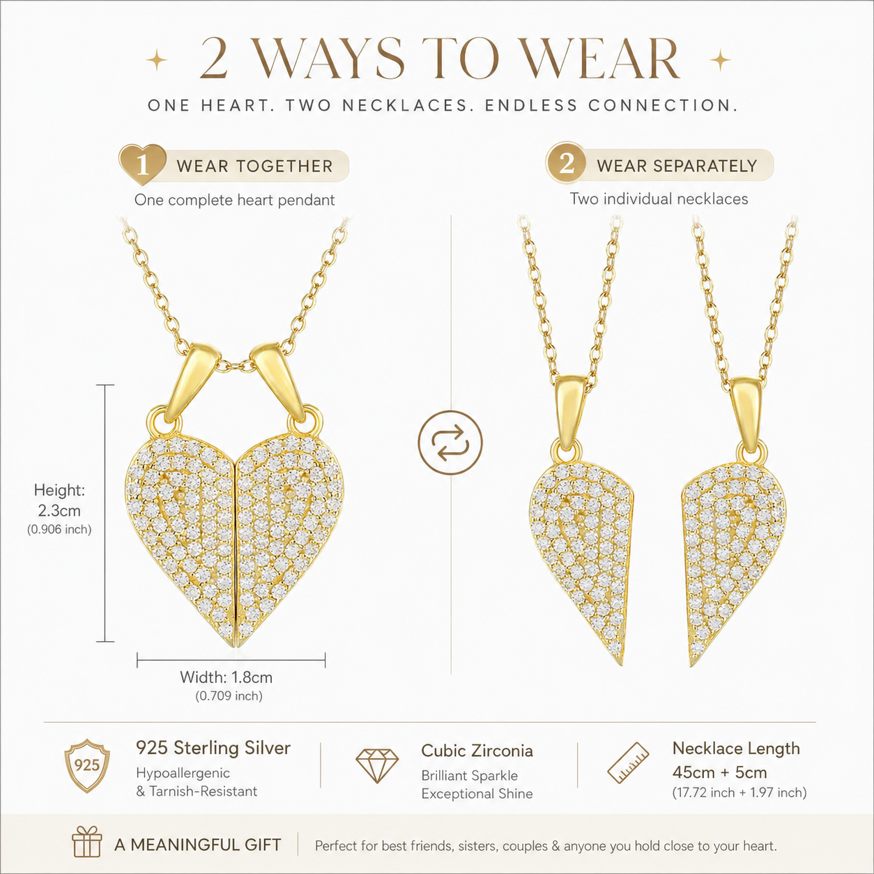 925 Sterling Silver Cubic Zirconia Split Heart Pendant Necklace – 2 Ways to Wear