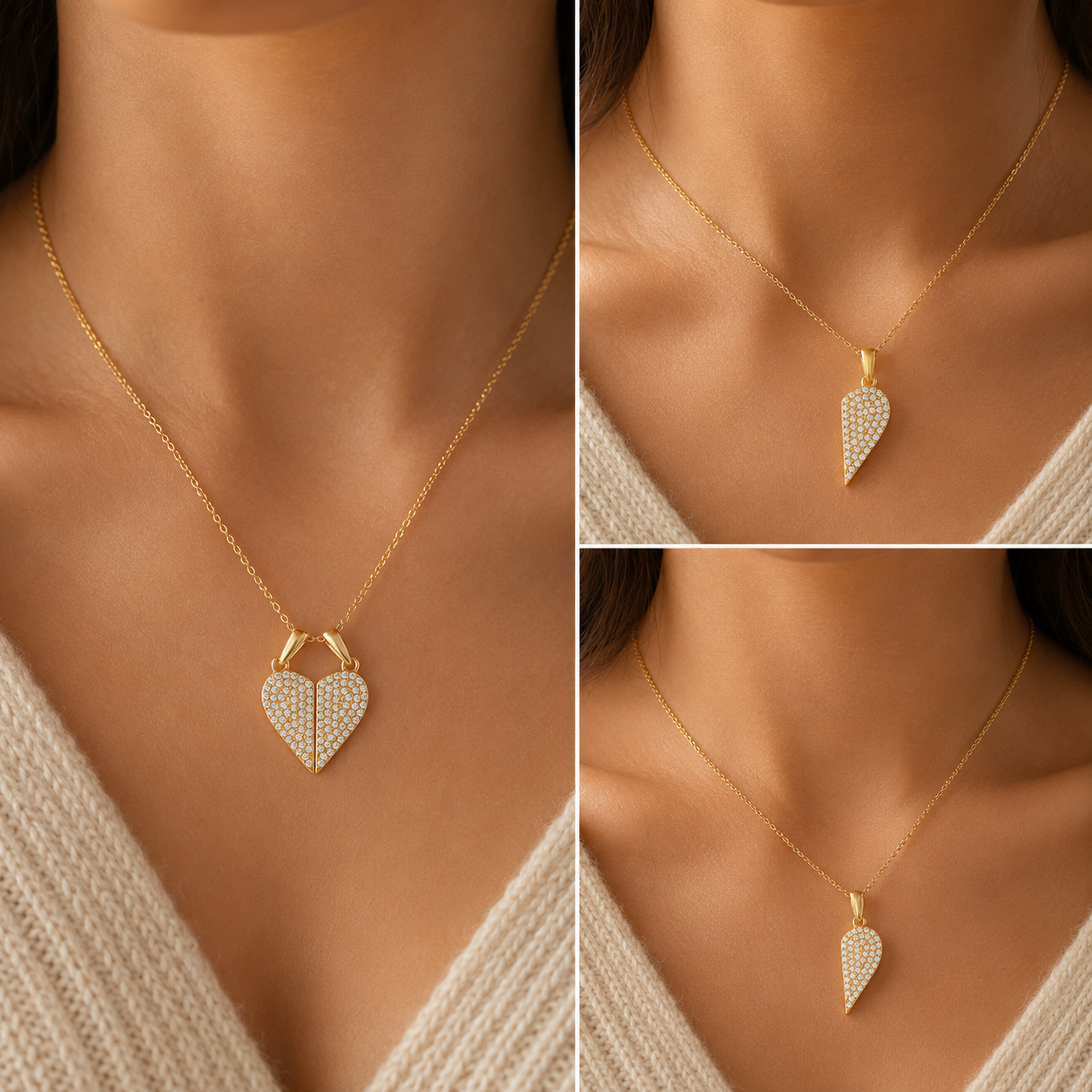 925 Sterling Silver Cubic Zirconia Split Heart Pendant Necklace – 2 Ways to Wear