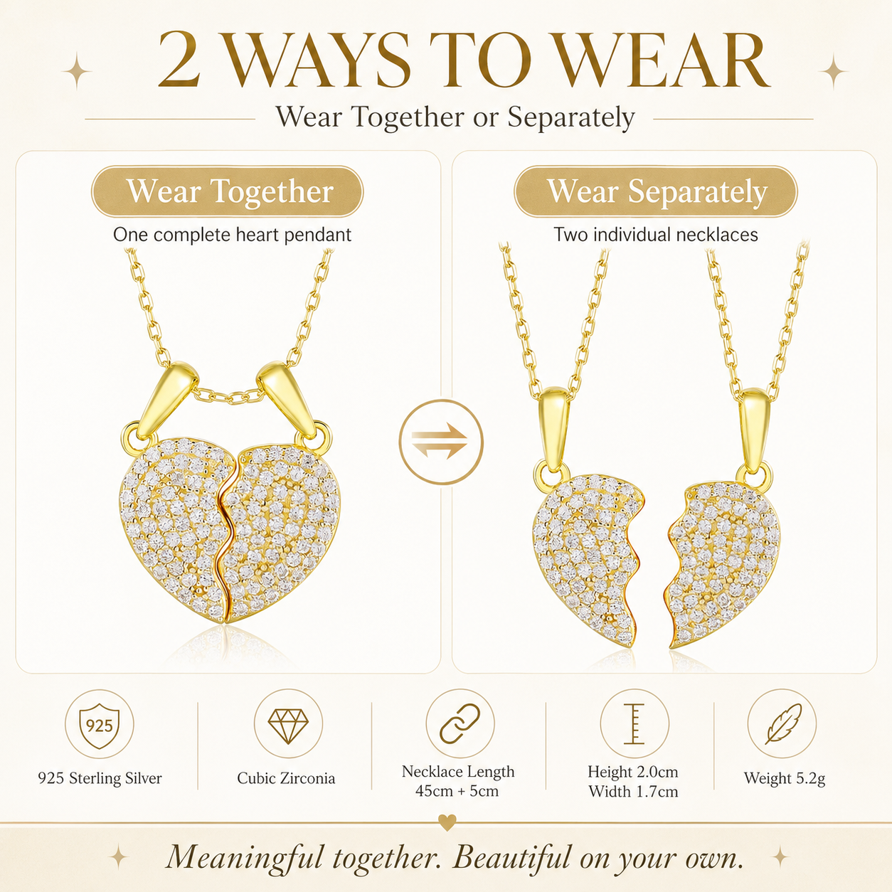 925 Sterling Silver Split Heart Necklace with Cubic Zirconia – 2 Ways To Wear, Detachable Heart Pendant