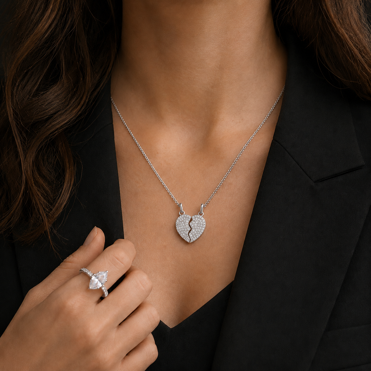 925 Sterling Silver Split Heart Necklace with Cubic Zirconia – 2 Ways To Wear, Detachable Heart Pendant