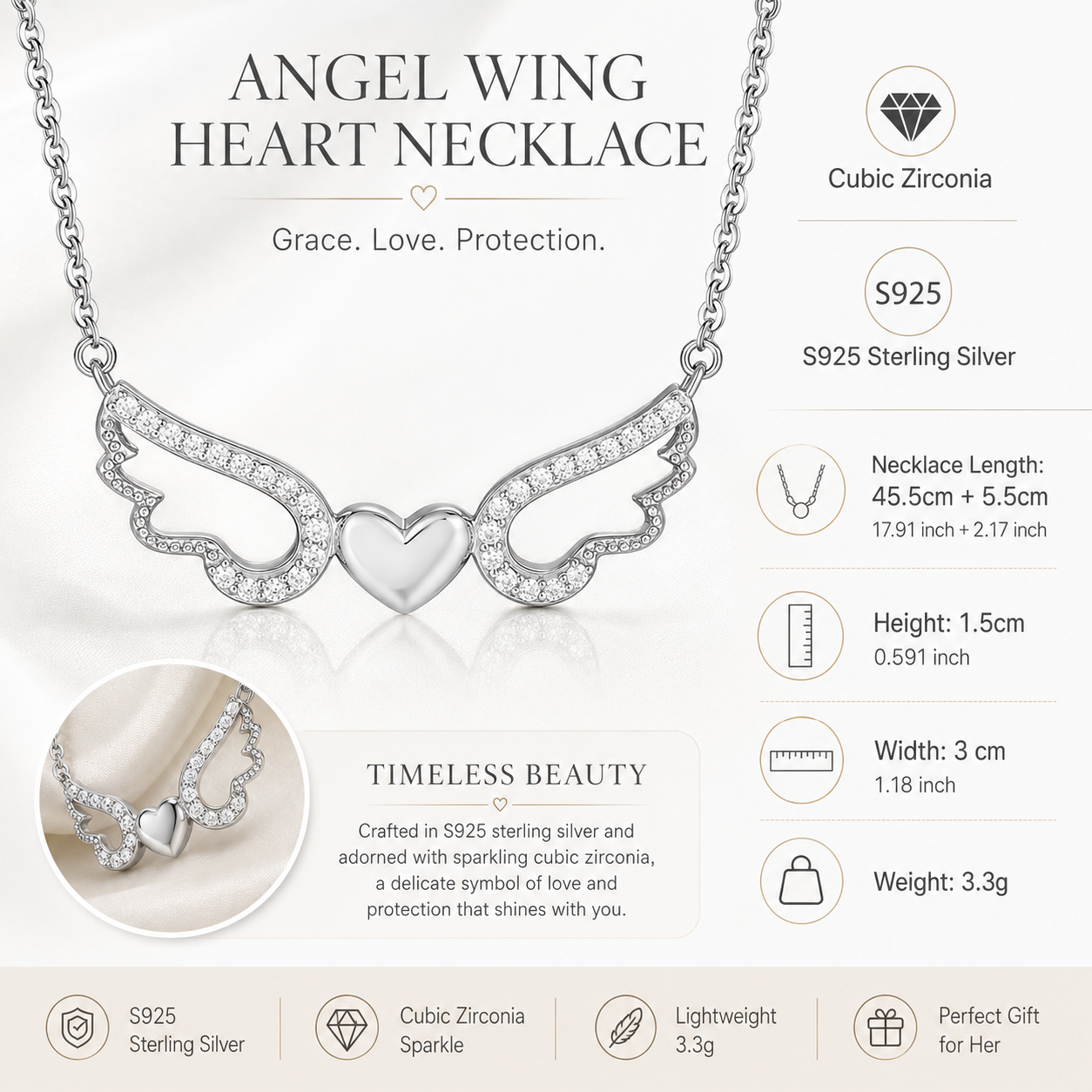 Angel Wing Heart Necklace – S925 Sterling Silver Cubic Zirconia Angel Wings Pendant Necklace for Women