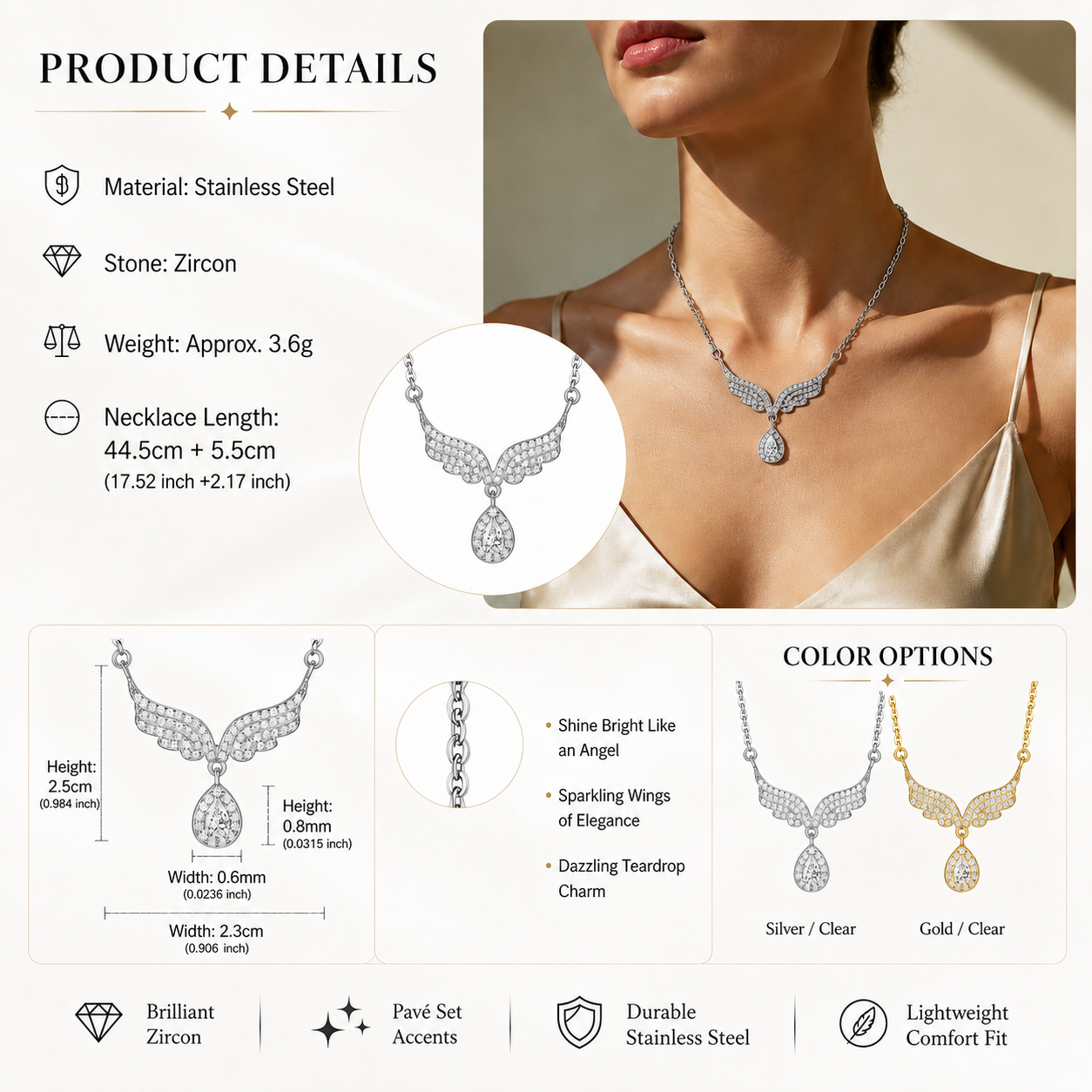 925 Silver Zirconium Angel Necklace with Teardrop Zircon Pendant for Women