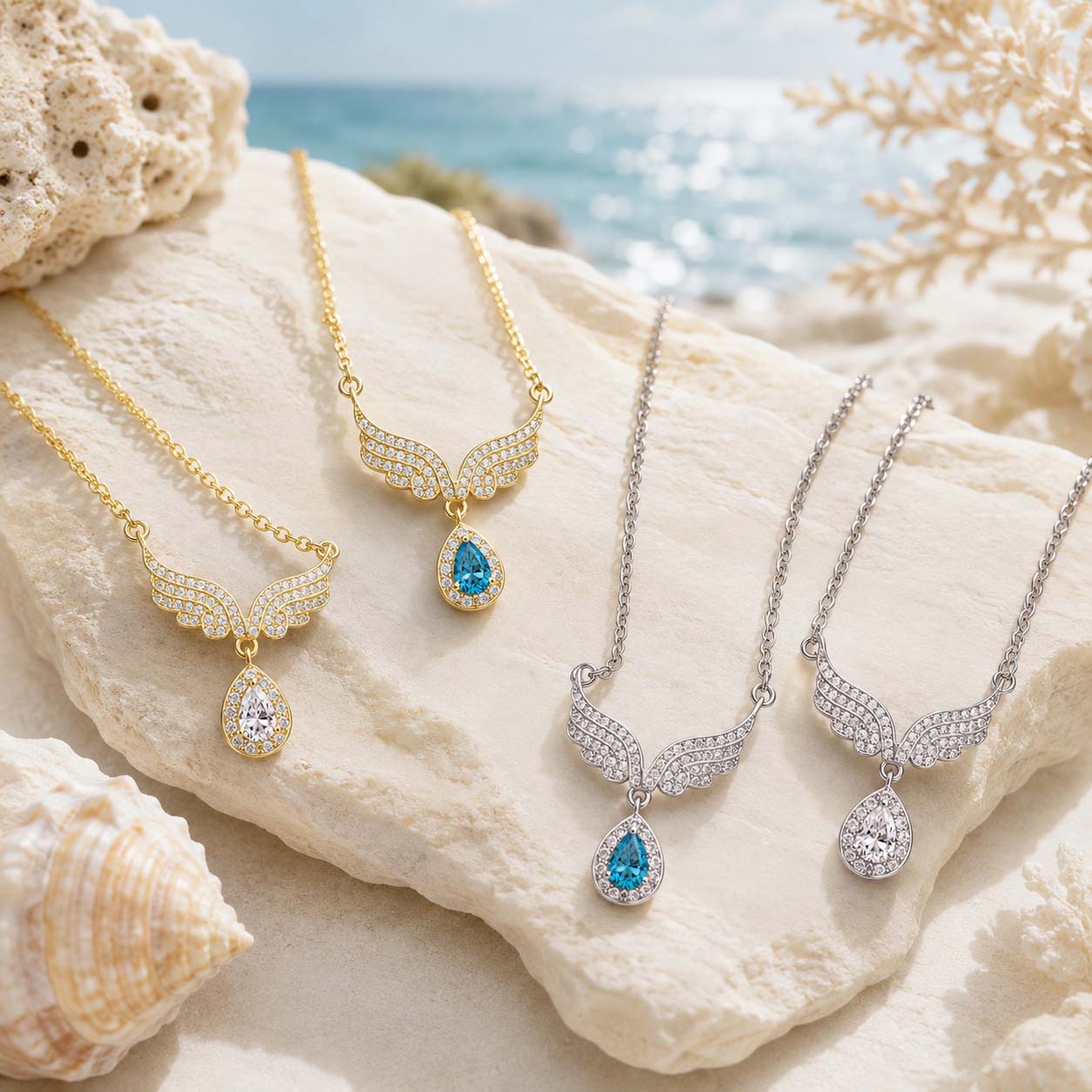 925 Silver Zirconium Angel Necklace with Teardrop Zircon Pendant for Women
