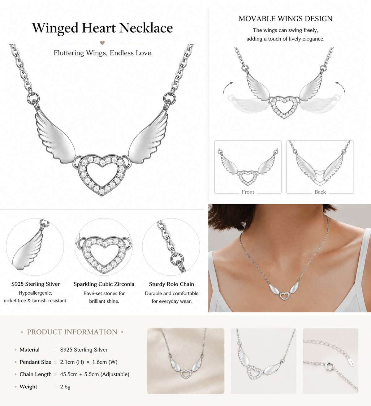 Movable Wing Heart Necklace  925 Sterling Silver Angel Wings Pendant with Zircon