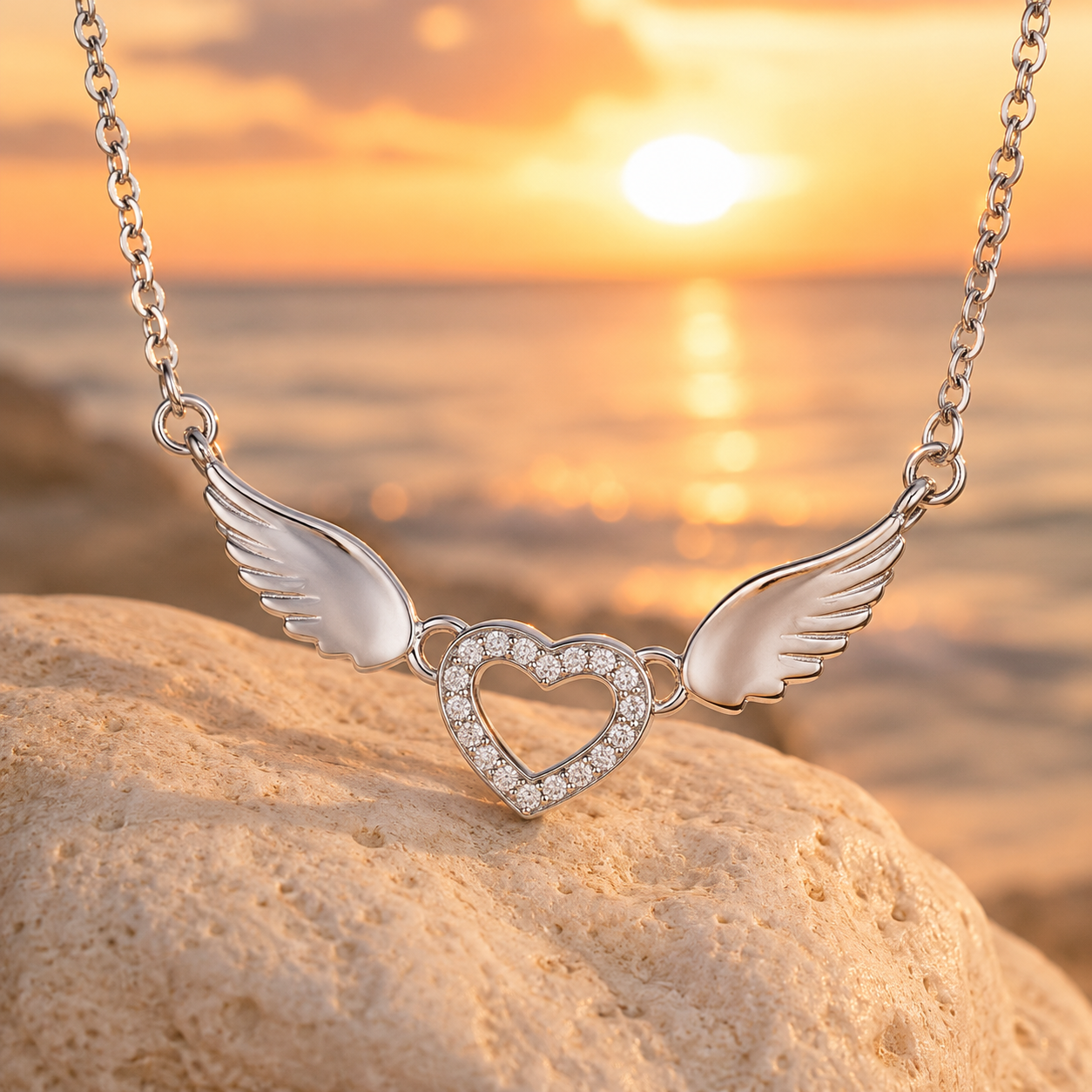 Movable Wing Heart Necklace  925 Sterling Silver Angel Wings Pendant with Zircon