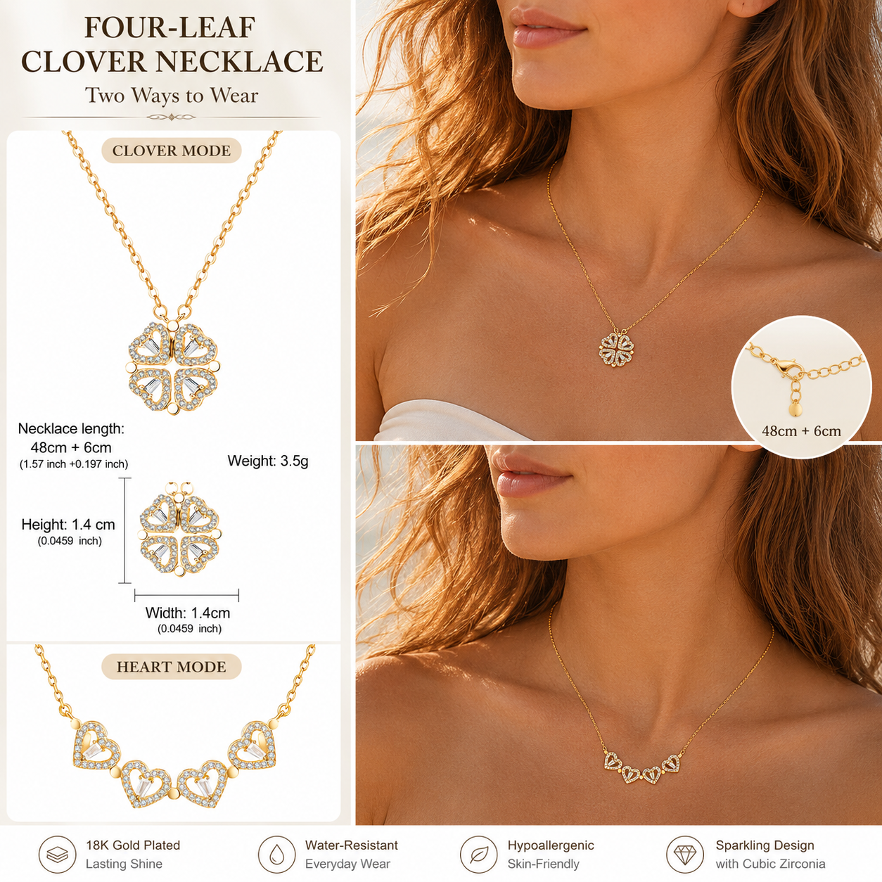 925 Sterling Silver 2-in-1 Four-Leaf Clover & Heart Necklace with Cubic Zirconia