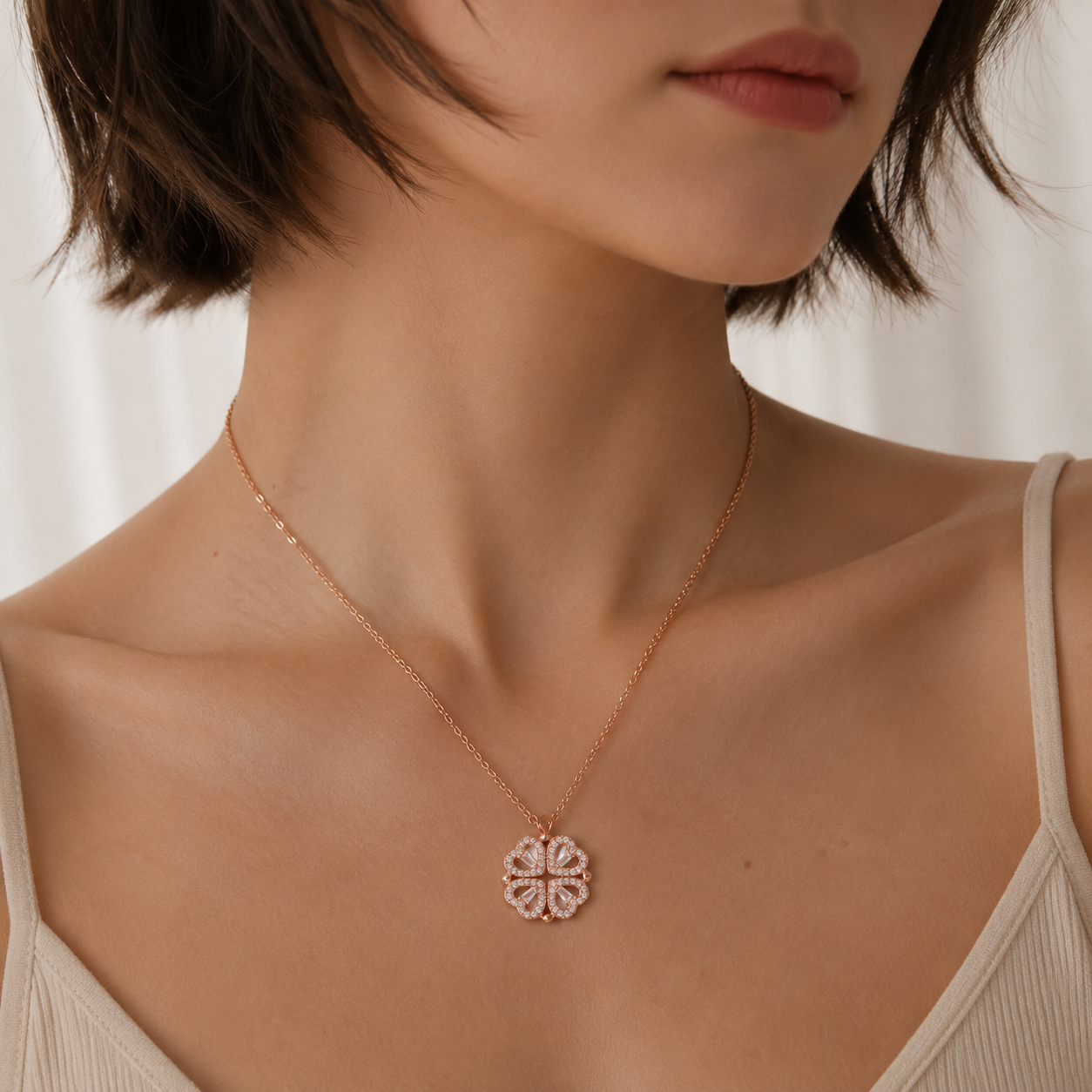 925 Sterling Silver 2-in-1 Four-Leaf Clover & Heart Necklace with Cubic Zirconia