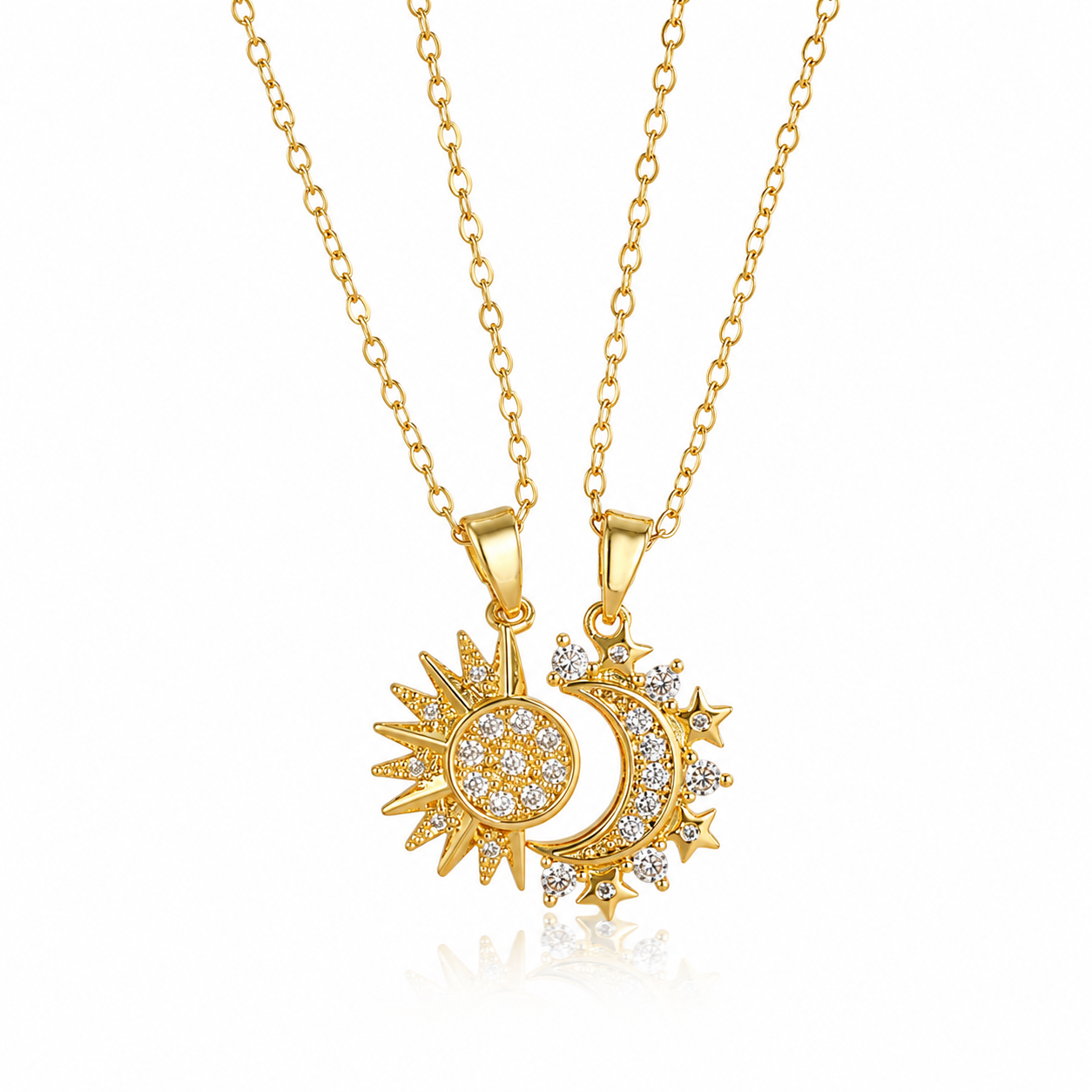 S925 Sterling Silver Sun & Moon Couple Necklaces with Cubic Zirconia（2 Ways to Wear）