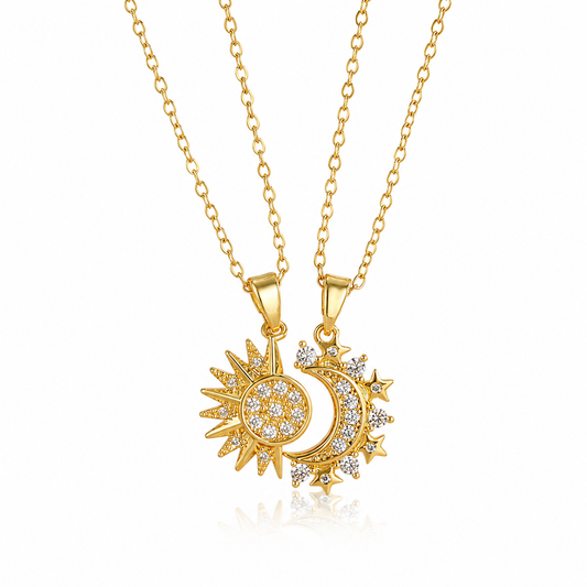 S925 Sterling Silver Sun & Moon Couple Necklaces with Cubic Zirconia（2 Ways to Wear）