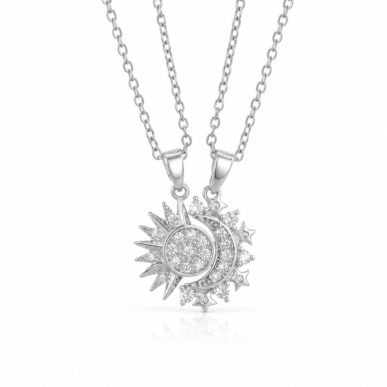 S925 Sterling Silver Sun & Moon Couple Necklaces with Cubic Zirconia（2 Ways to Wear）