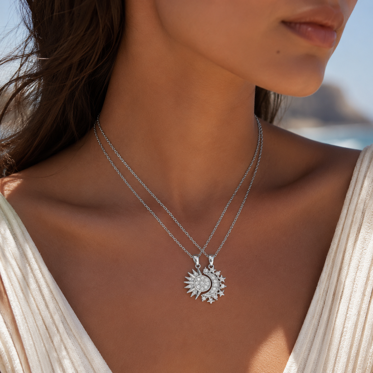 S925 Sterling Silver Sun & Moon Couple Necklaces with Cubic Zirconia（2 Ways to Wear）