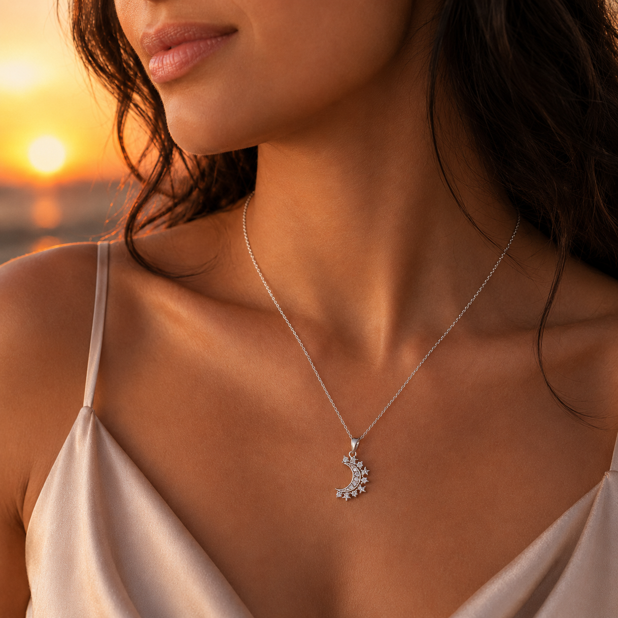 S925 Sterling Silver Sun & Moon Couple Necklaces with Cubic Zirconia（2 Ways to Wear）
