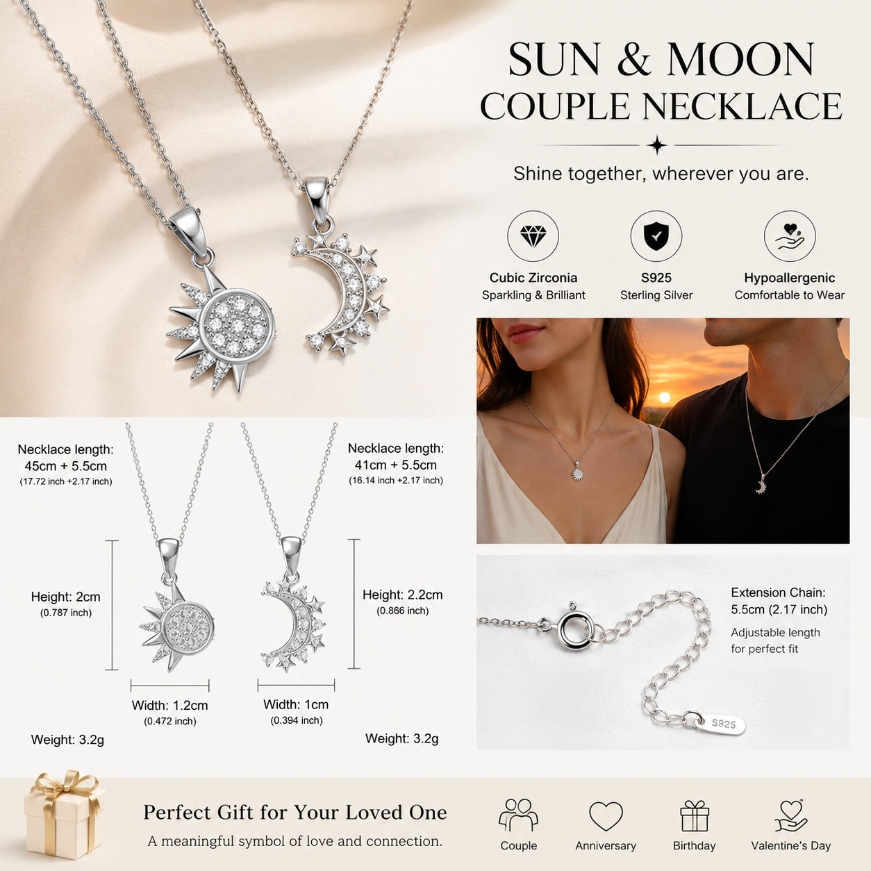 S925 Sterling Silver Sun & Moon Couple Necklaces with Cubic Zirconia（2 Ways to Wear）